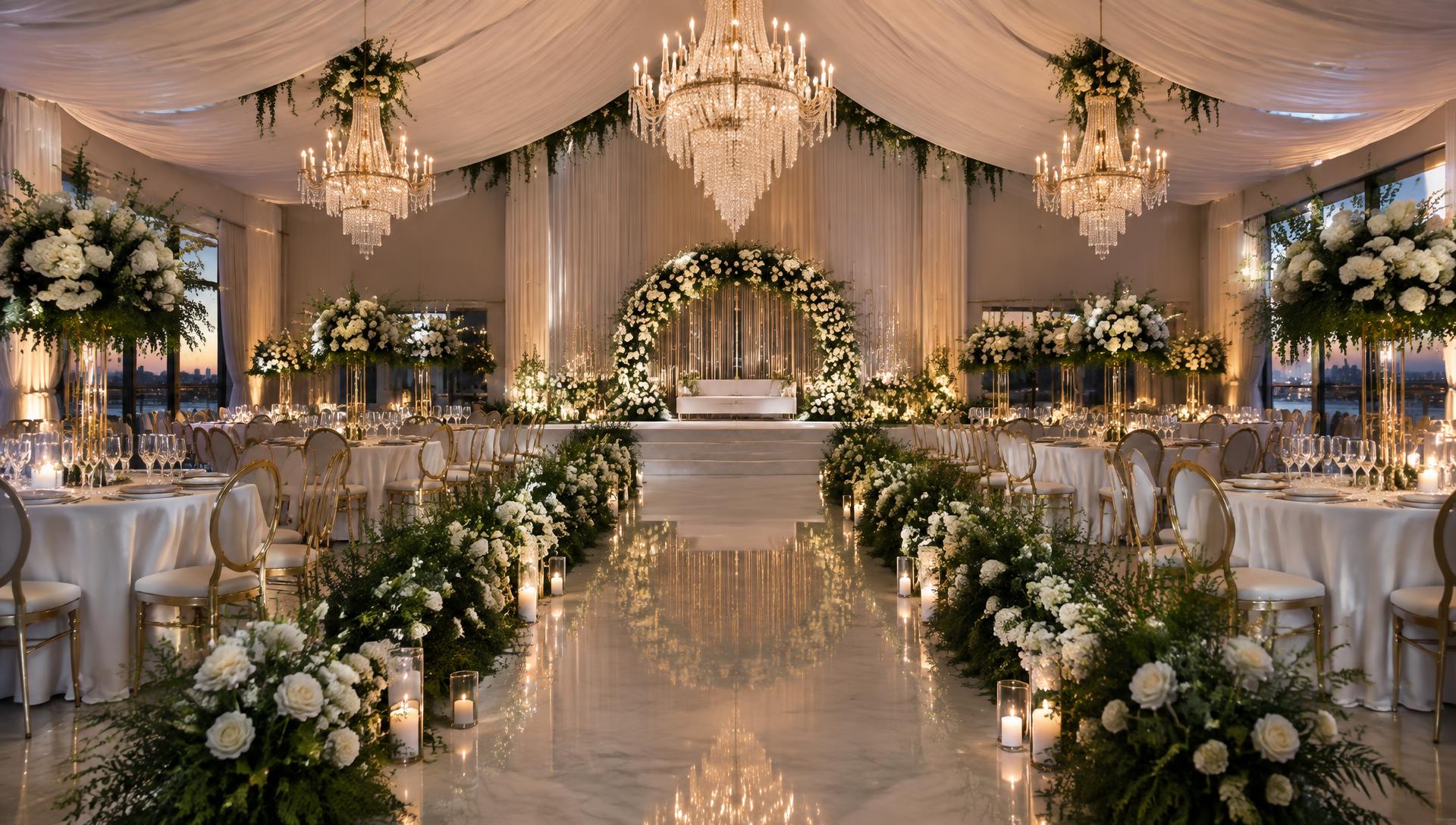 An elegant reception with crystal chandeliers, white flowers and gold seating